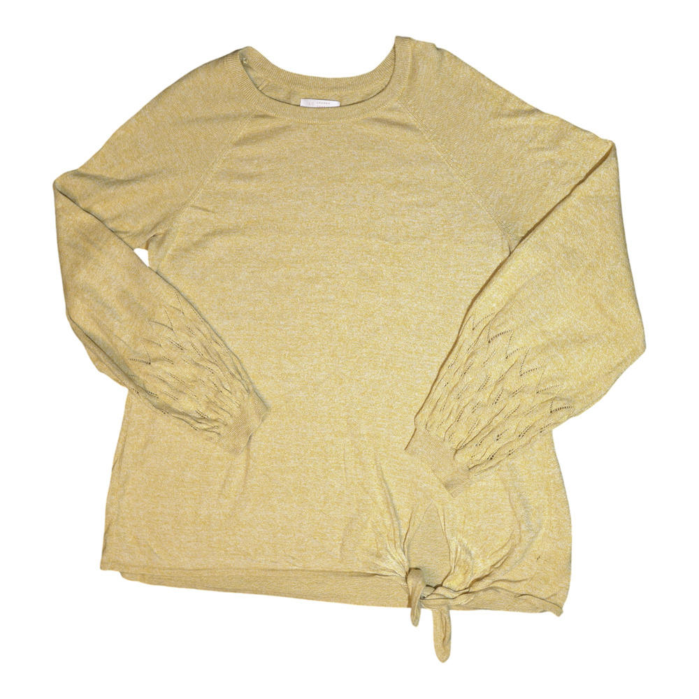 Lauren Conrad Butter Yellow Sweater Sz L Crew Neck Knot Diamond Lace Sleeve EUC